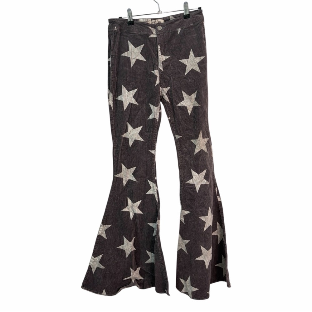 Peach Love Purplish Grey Corduroy Star Print Bell Bottom Pants